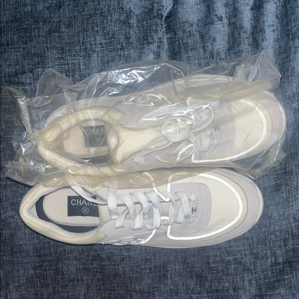 Chanel Women's Beige and White Sneakers